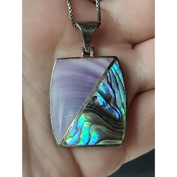 925 Sterling Abalone Shell And Purple Stone Rectangular Pendant Necklace Vintage - Picture 3 of 10